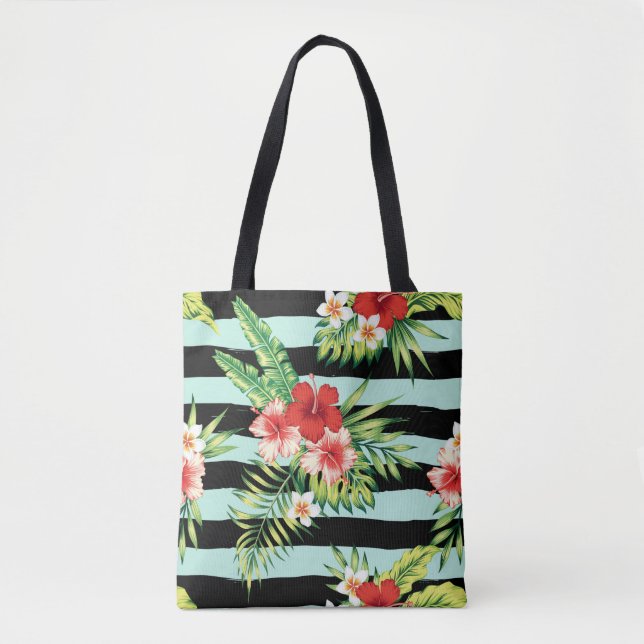 Hawaiianisches Hibiskus- & Schwarz-Minze-Streifen- Tasche (Vorderseite)