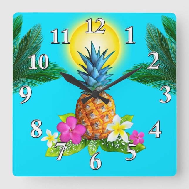 Hawaiianisches Themendekor, Atemberaubende Ananas- Quadratische Wanduhr (Vorderseite)