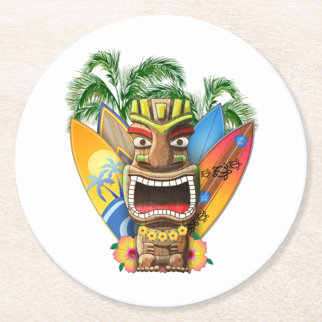 Hawaiianisches Tiki-Surfen Runder Pappuntersetzer (Vorderseite)