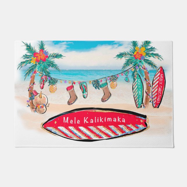 Hawaiianisches Weihnachtssurfboard Begrüßungsmatte Fußmatte (Vorderseite)