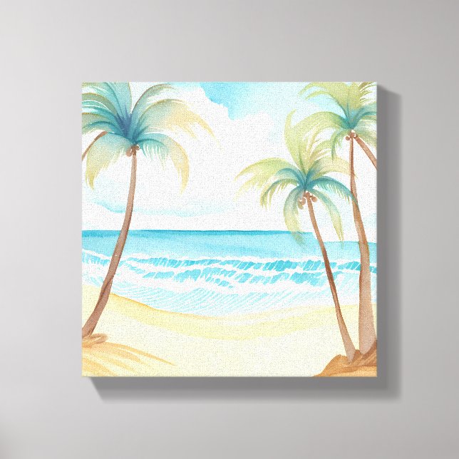 Hawaiianstrand | Palmenbaum Tropische Wasserfarbe Leinwanddruck (Vorderseite)
