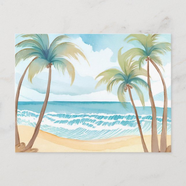 Hawaiianstrand | Palmenbaum Tropische Wasserfarbe Postkarte (Vorderseite)