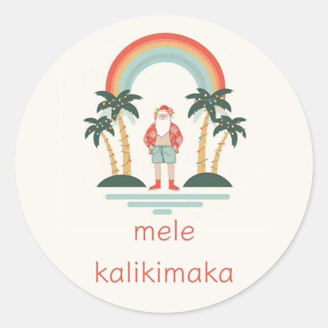 Hawaiisch/Regenbogen/Palmen Santa Runder Aufkleber (Vorderseite)