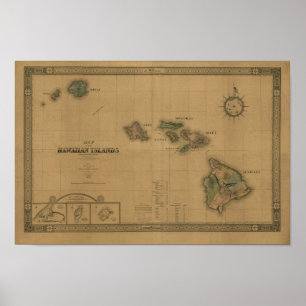 Hawaiische Inseln, 1876, Vintage Hawaii-Karte Poster