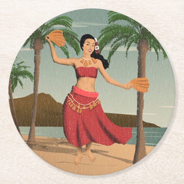 Hawaiische Vintage Hula Mädchen-beunruhigte Runder Pappuntersetzer (Vorderseite)
