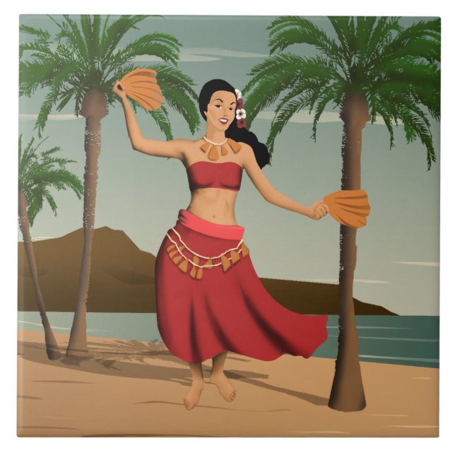 Hawaiische Vintage Hula Mädchen-Postkarte Fliese (Vorderseite)