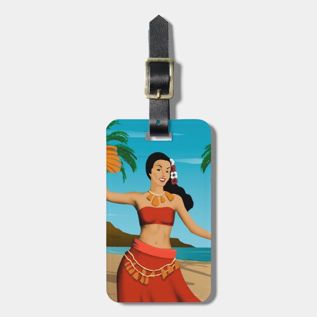 Hawaiische Vintage Hula Mädchen-Postkarte Gepäckanhänger (Vorderseite vertikal)
