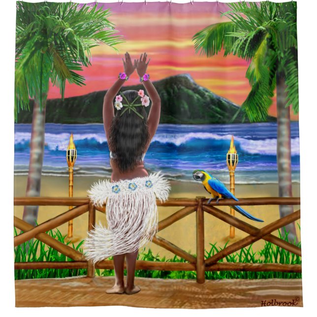Hawaiischer Sonnenuntergang Hula Tänzer Duschvorhang (Vorderseite)