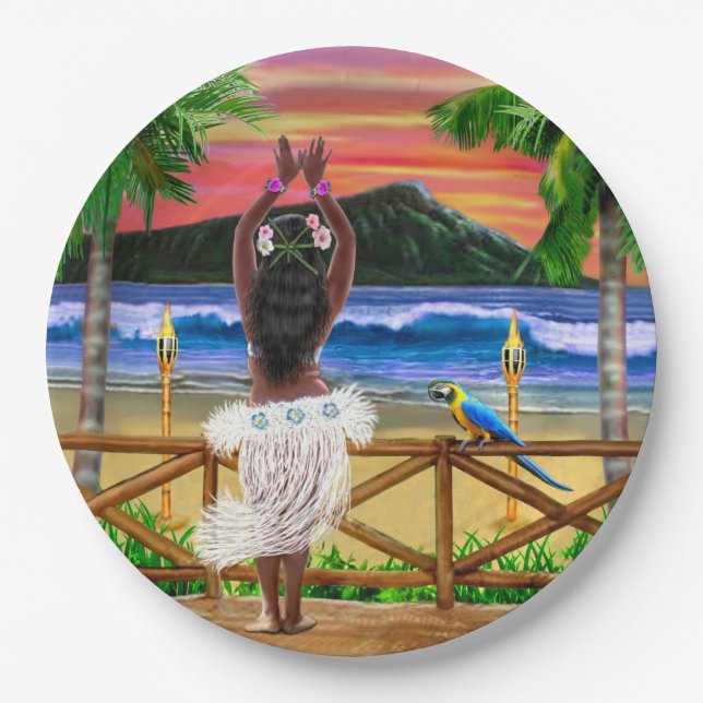 Hawaiischer Sonnenuntergang Hula Tänzer Pappteller (Vorderseite)