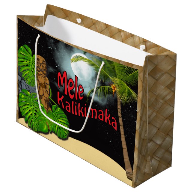 Hawaiisches Tiki Mele Kalikimaka Weihnachten groß Große Geschenktüte (Vorderseite Schrägansicht)