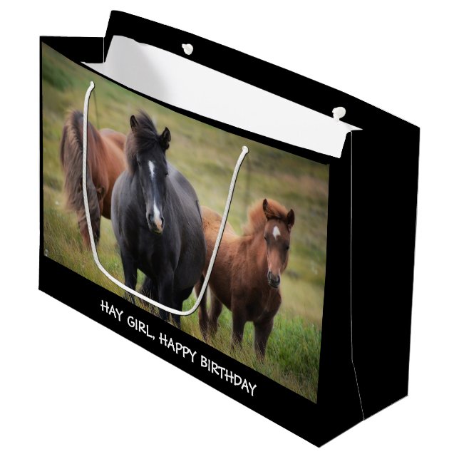 Hay Girl Happy Birthday Pferd Große Geschenktasche Geschenktüte (Vorderseite Schrägansicht)