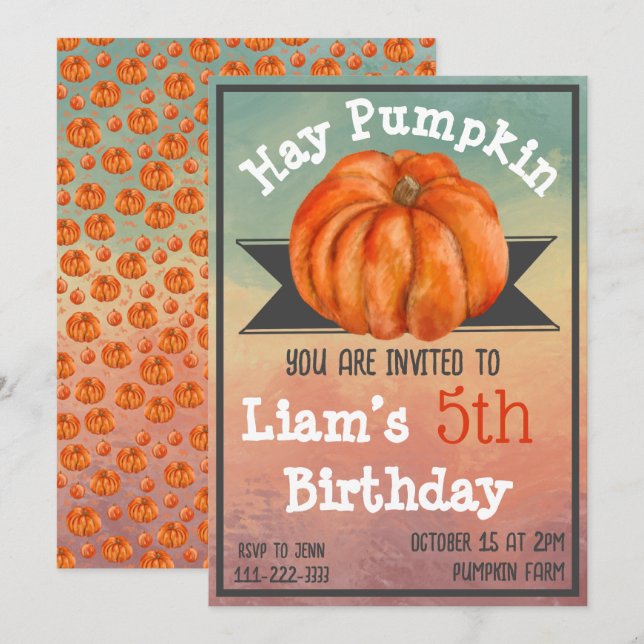 Hay Pumpkin Fall Birthday Party Invitation Einladung (Vorne/Hinten)