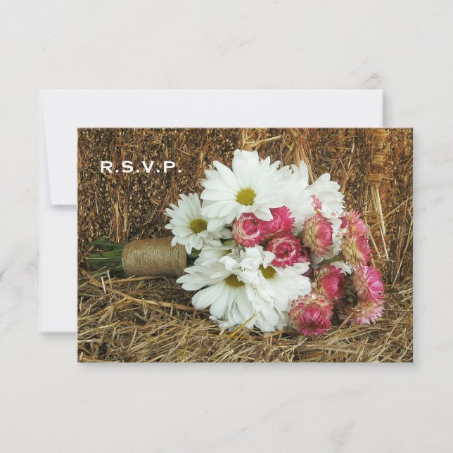 Hay Wedding RSVP - Daisy & Pink Bouquet Karte (Vorderseite)