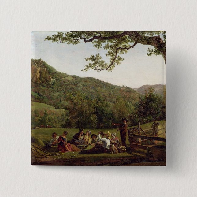 Haymakers, die auf einem Gebiet Picnicking sind Button (Vorderseite)