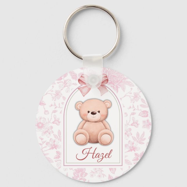 Hazel | Benutzerdefiniertes rosa Teddy-Bär-Kinderz Schlüsselanhänger (Vorderseite)