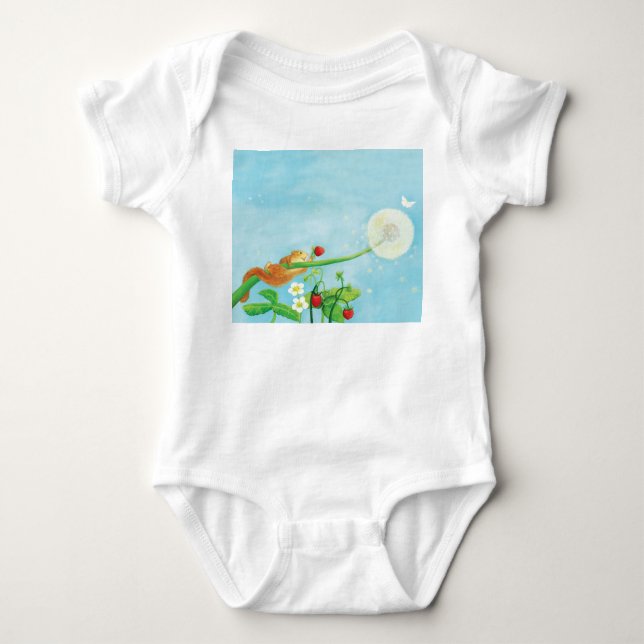 Hazel Dormouse, wilde Erdbeeren & Löwenpuff Baby Strampler (Vorderseite)