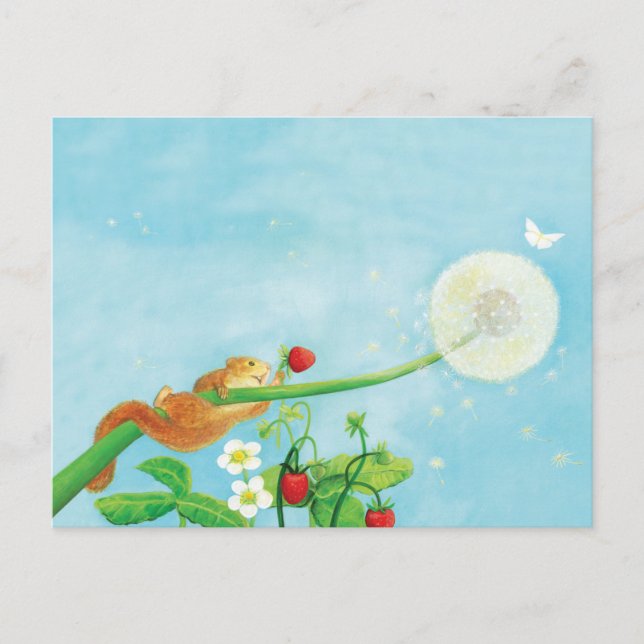 Hazel Dormouse, wilde Erdbeeren & Löwenpuff Postkarte (Vorderseite)