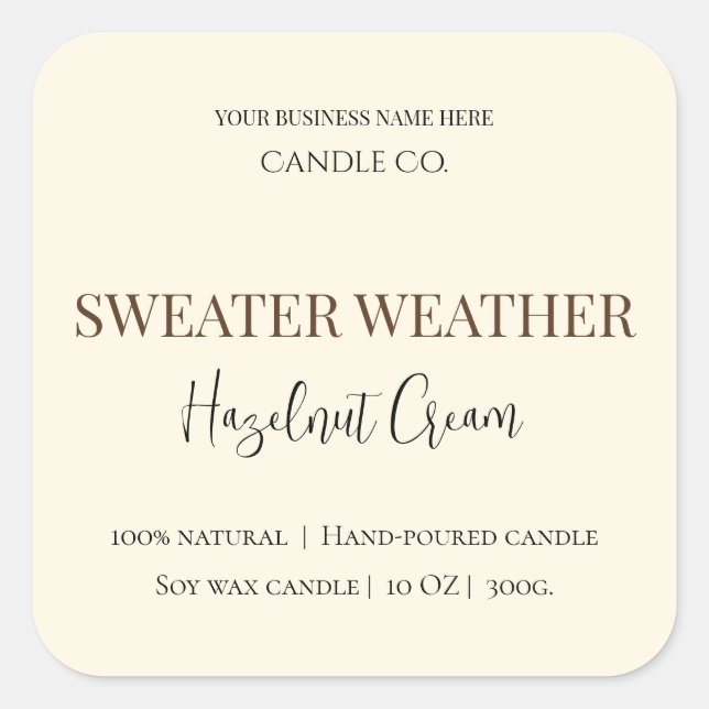 Hazelnut Cream | Cozy Neutral Soy Candle Label Quadratischer Aufkleber (Vorderseite)