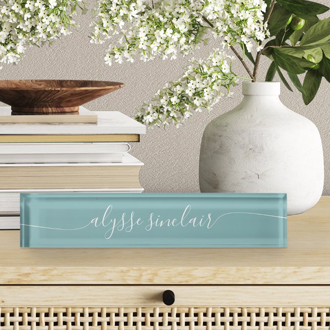 Hazy Aqua Elegant Calligraphy Script Namensplakette (Von Creator hochgeladen)