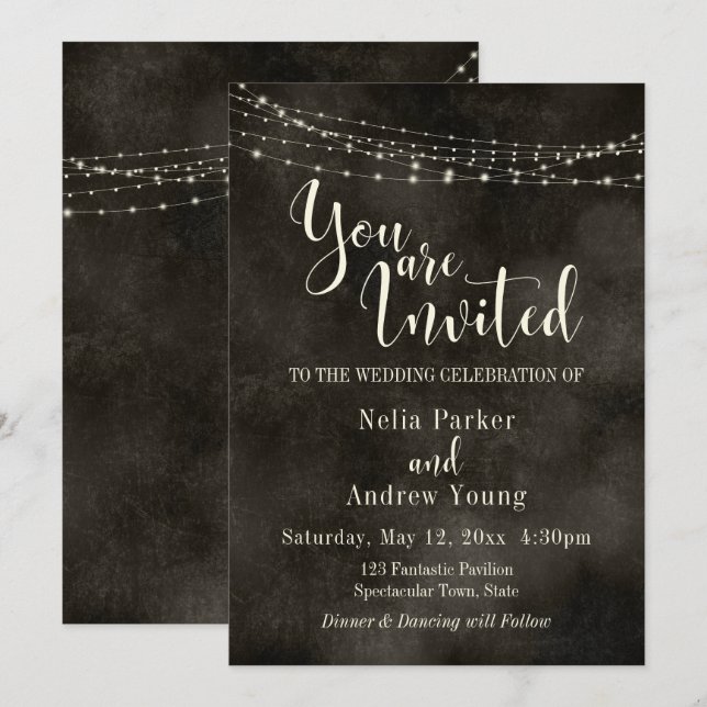 Hazy Black, Light String "You Are Invited" Hochzei Einladung (Vorne/Hinten)