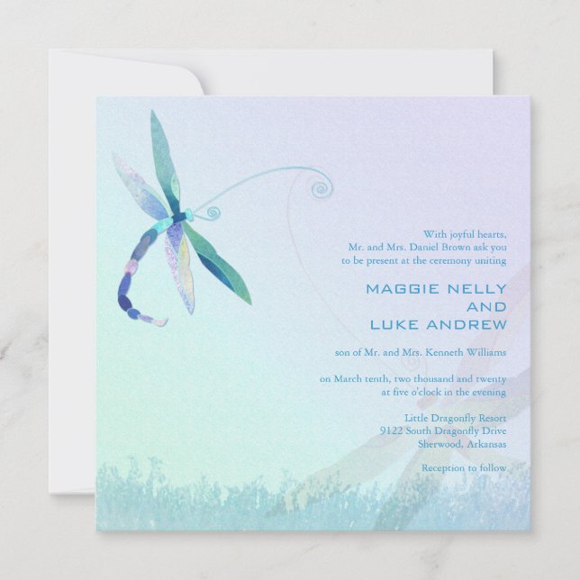 Hazy Morning Blue Dragonfly Wedding Einladung (Vorderseite)
