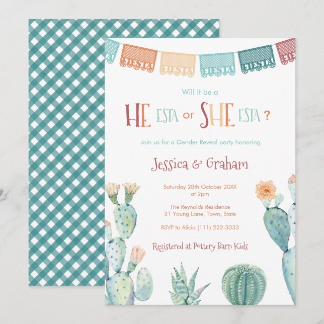 He-Esta She-ESTA Gender Reveal Baby Shower Fiesta Einladung (Vorne/Hinten)