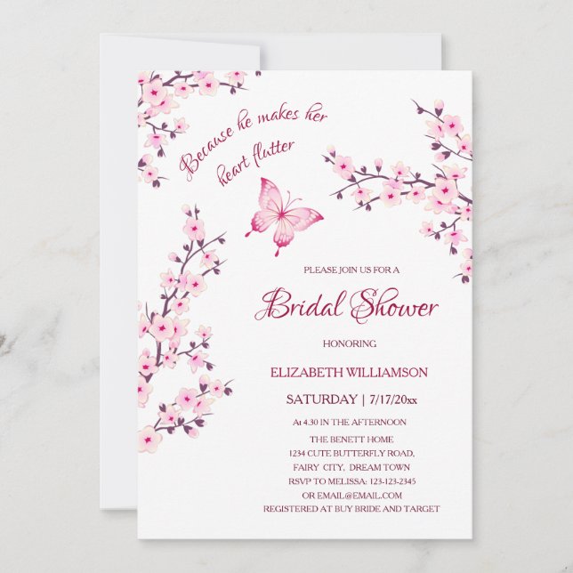 He Gives Her Butterflies | Sakura Bridal Shower Einladung (Vorderseite)