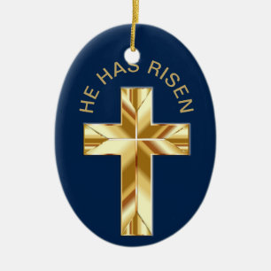 He Has Risen Religious Golden Cross Easter Keramik Ornament