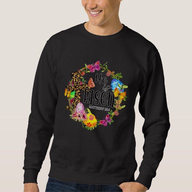 He Is Risen Easter Leopard Cross Bible Verse Pray Sweatshirt (Vorderseite)