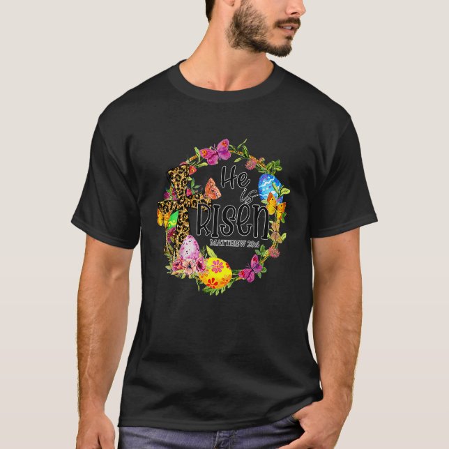 He Is Risen Easter Leopard Cross Bible Verse Pray T-Shirt (Vorderseite)