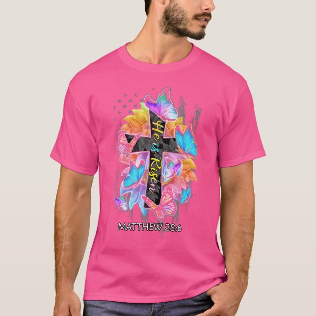 He Is Risen Jesus Christian Cross Butterfly Americ T-Shirt (Vorderseite)