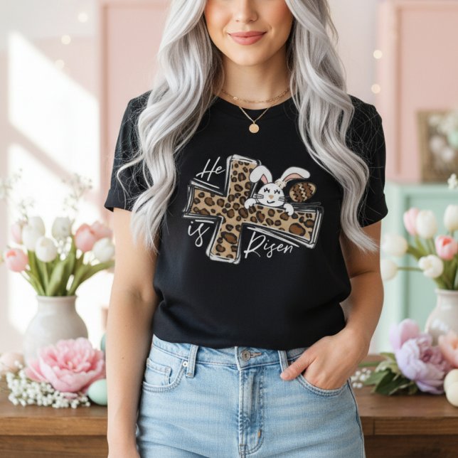 He Is Risen Leopard Cross Bunny Christian Easter T-Shirt (He Is Risen Leopard Cross Bunny Christian Easter T-Shirt)