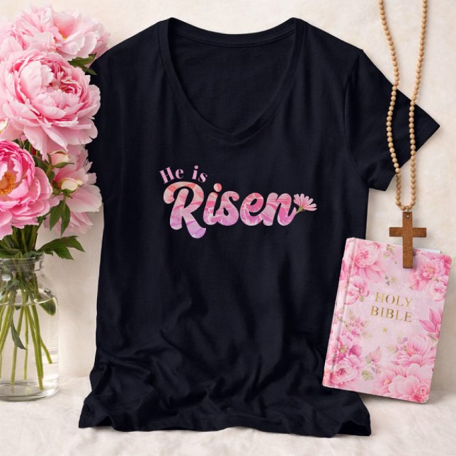 He Is Risen Pink Floral Bold Lettering Easter T-Shirt (He is Risen Navy Blue Pink Floral Lettering Easter Shirt)