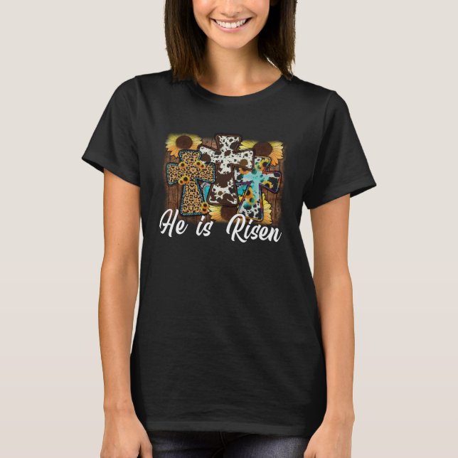 He is Risen Sunflower Leopard Cross Happy Easter D T-Shirt (Vorderseite)
