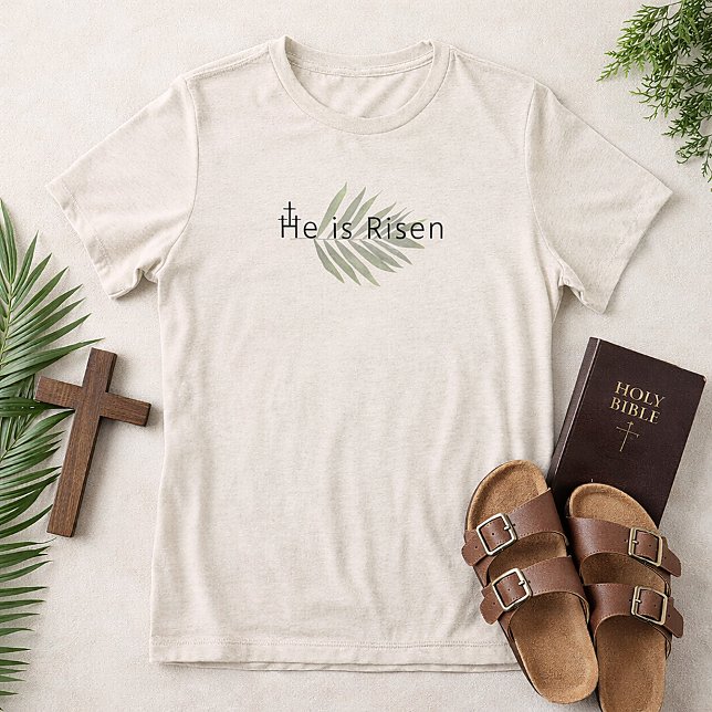  He Is Risen Three Crosses Palm Leaf Easter  Tri-Blend Shirt (He is Risen Palm Leaf Christian Easter Shirt )