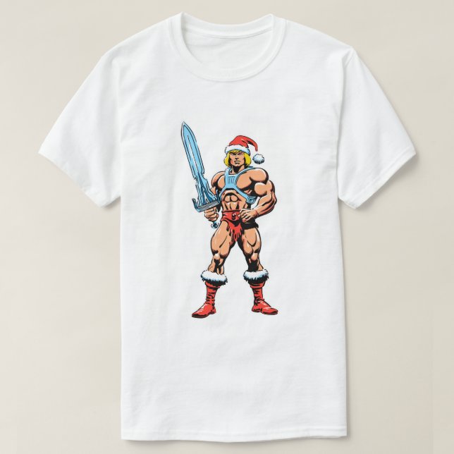 He Man Cartoon in Santa Hat – Retro Heman T-Shirt (Design vorne)