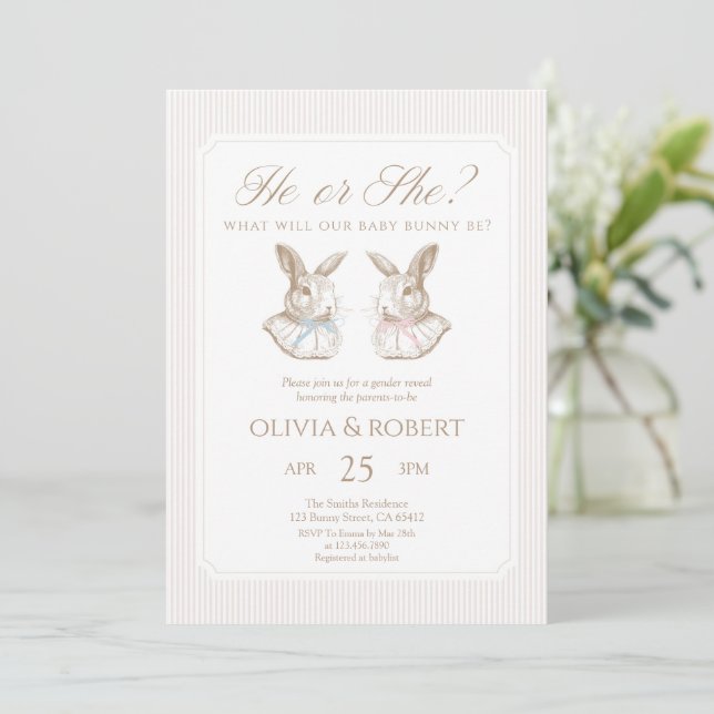 He or She Baby Bunny Gender Reveal Einladung (Stehend Vorderseite)