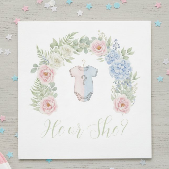He or She? Botanical Gender Reveal Napkin Serviette (Gender reveal party napkins)