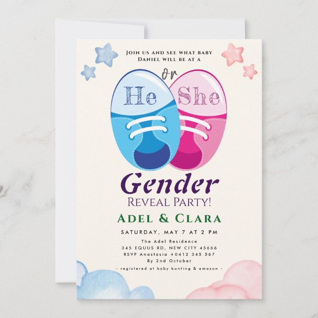 He or She Gender Reveal Invitation (Devant)