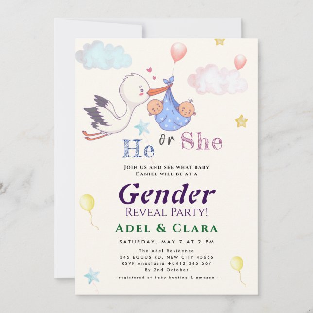He or She Gender Reveal Invitation (Devant)