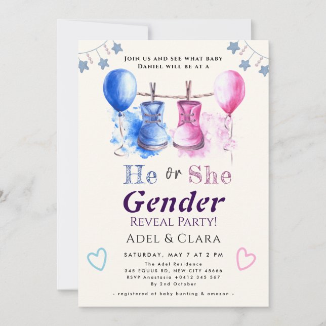 He or She Gender Reveal Invitation Einladung (Vorderseite)