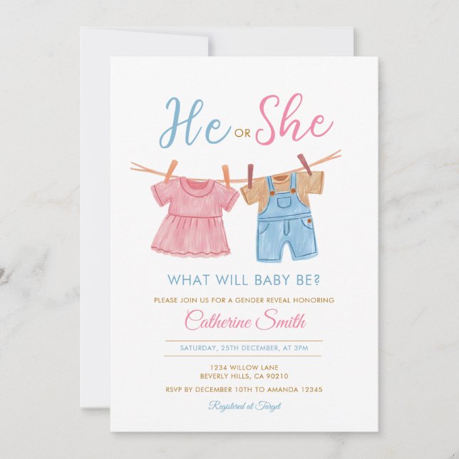 He or She Pink & Blue Clothesline Gender Reveal  Einladung (Vorderseite)