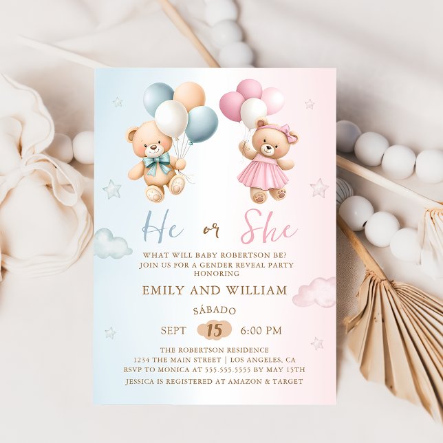 He or She Teddy Bear Gender Reveal Invitation (Créateur téléchargé)