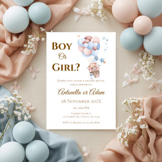 He or She Teddy Bear with Balloons Gender Reveal I Einladung