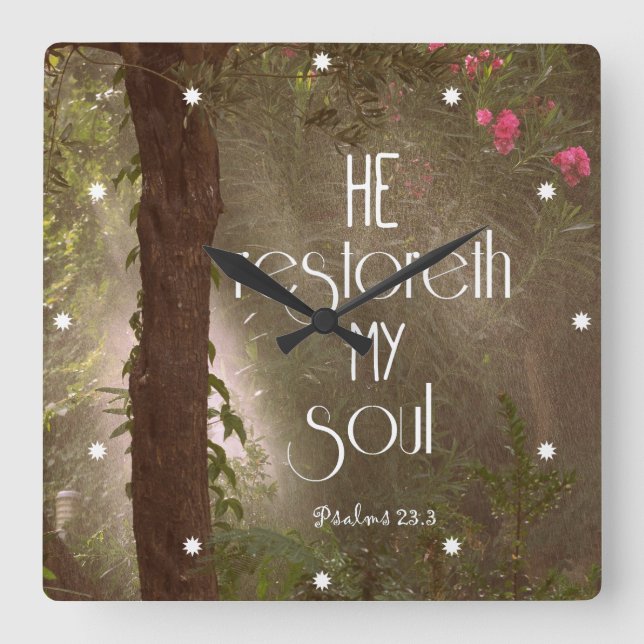 He restoreth my Soul Bible Verse Quadratische Wanduhr (Vorderseite)