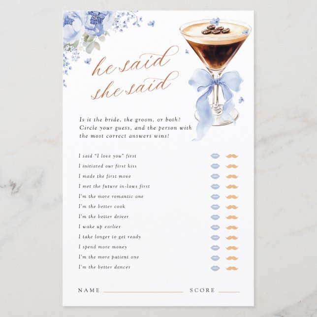 He Said She Said Blue Bow Bridal Shower Game (Vorderseite)
