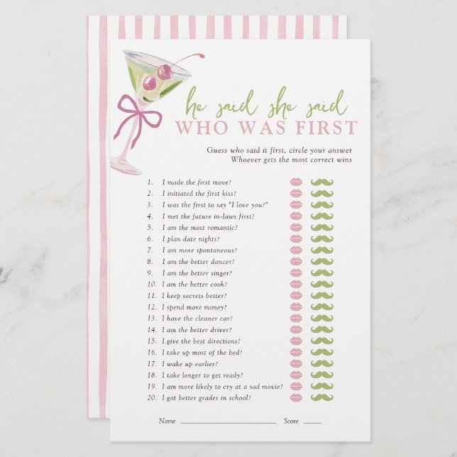 He Said She Said Chic Martini Bridal Game (Vorne/Hinten)