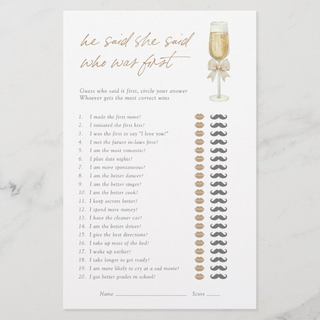 He Said She Said Elegant Champagne Bow Bridal Game (Vorderseite)