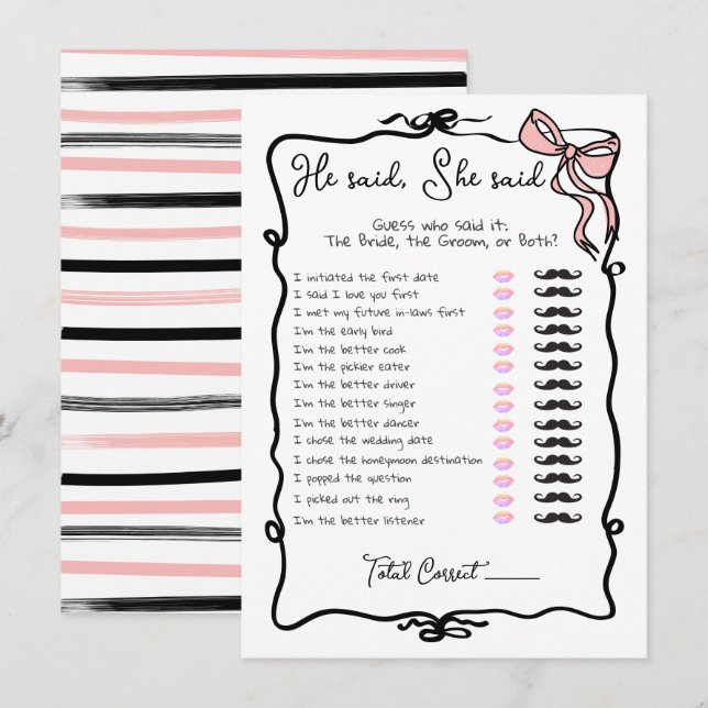 He said She said Hand Drawn Bow Bridal Shower game Einladung (Vorne/Hinten)