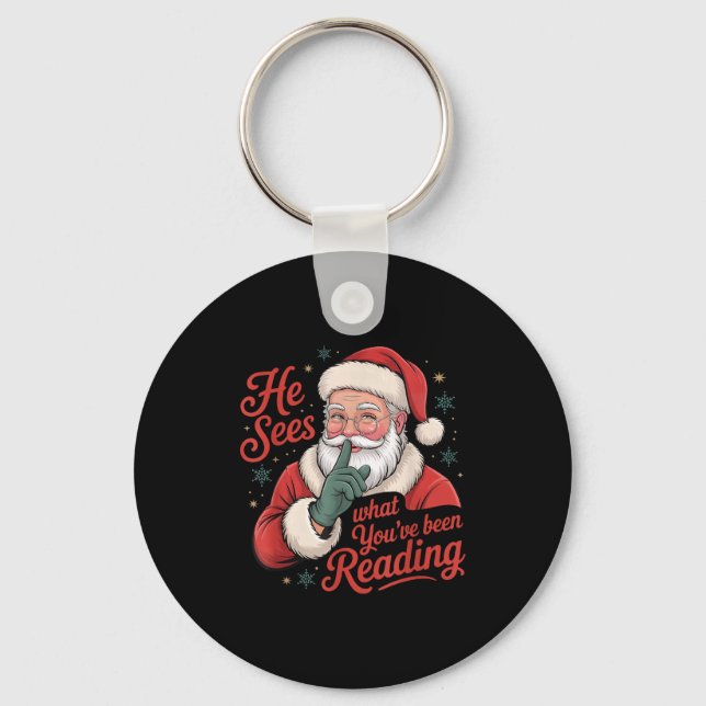He Sees What You've Been Reading, Retro Santa Chri Schlüsselanhänger (Vorderseite)